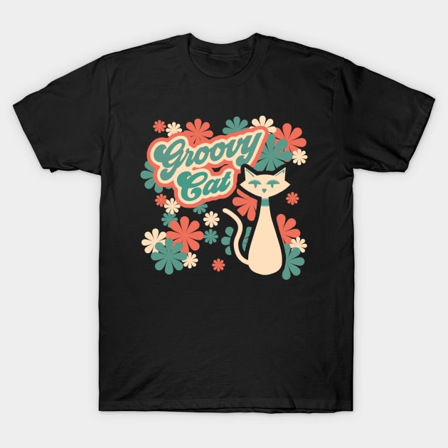 Groovy Cool Funky Cat Psychedelic Retro Vintage 60s Flower Power T-Shirt by ksrogersdesigns